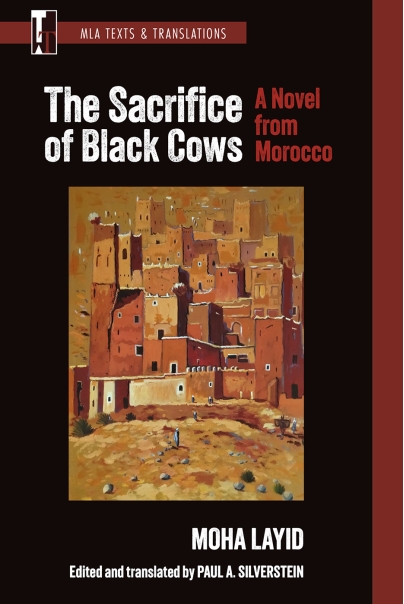 Cover image for The Sacrifice of Black Cows, featuring a painting of a cluster of building rising out of the desert.