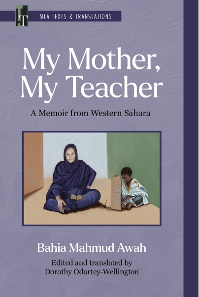 Cover image for My Mother, My Teacher, featuring a woman wearing a headscarf with a book open on her lap, seated next to a child holding a tablet with writing on it.