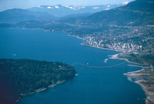 Fig. 1. Burrard Inlet, the Lions Gate Bridge, and North Vancouver. Photo by Roy Forster, c. 1990. City of Vancouver Archives (CVA 1502-306).